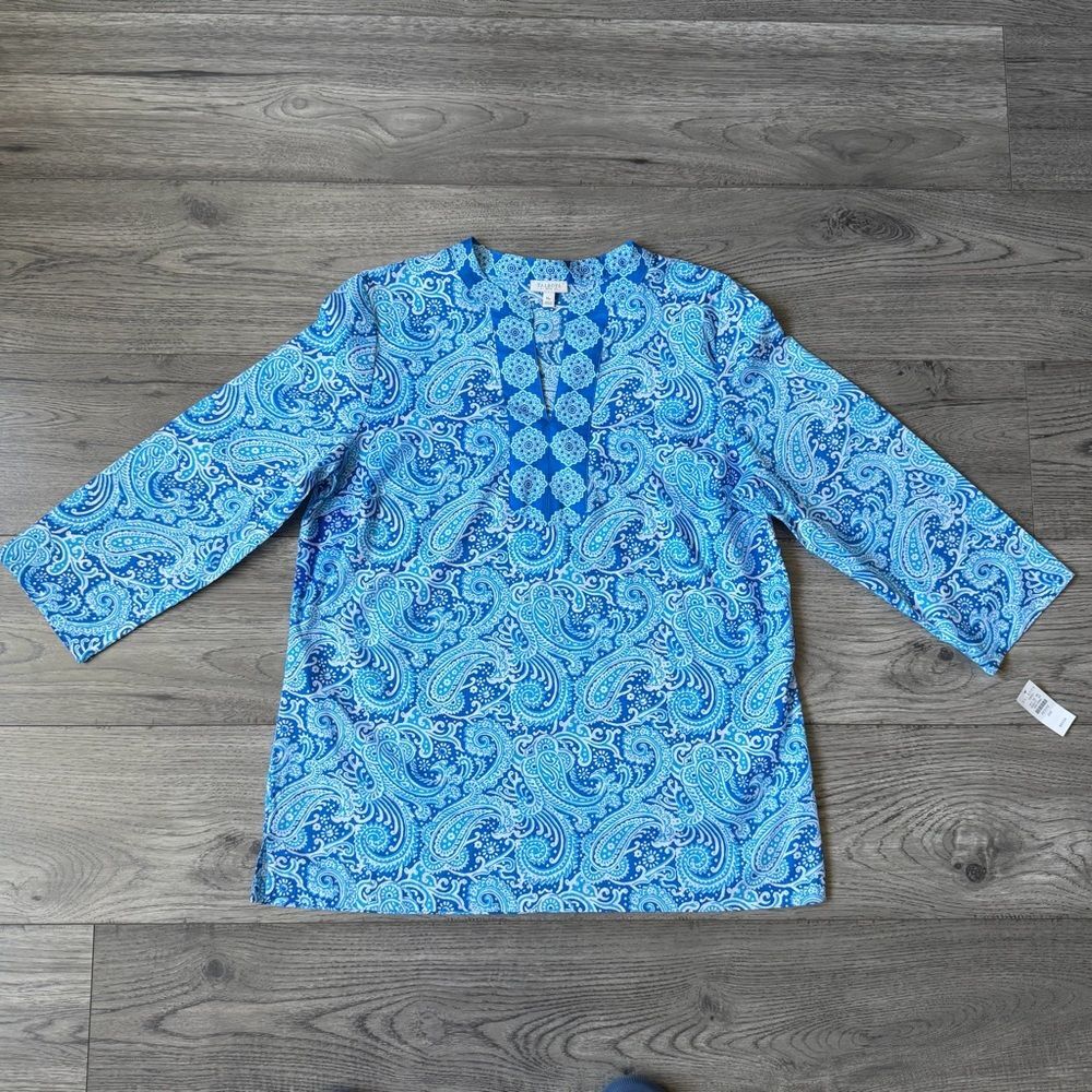 Talbots Petite Blue Paisley Cotton Tunic Top Split V-Neck 3/4 Sleeve PM NWT